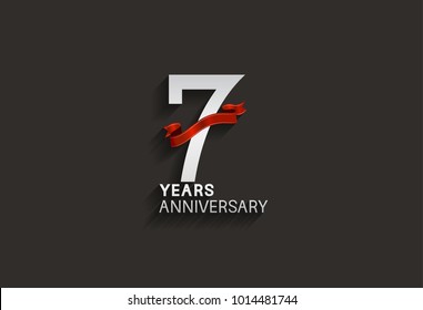 7 years anniversary design with silver color and red ribbon isolated on black background for celebration event