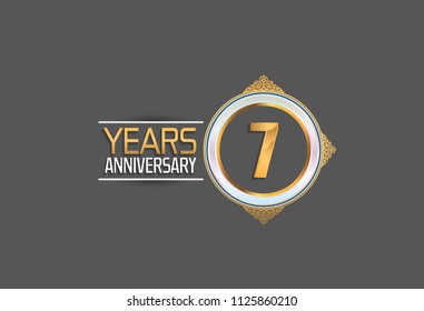 7 years anniversary golden design with white circle and ornament for celebrating special event