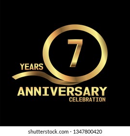 7 years Anniversary with golden font and circle with golden ribbon and black design. Simple design anniversary