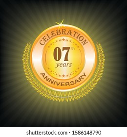 7 years anniversary golden label with ribbon. Vector illustration.