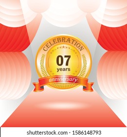 7 years anniversary golden label with ribbon. Vector illustration.