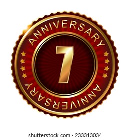 7 years anniversary golden label. Vector illustration.