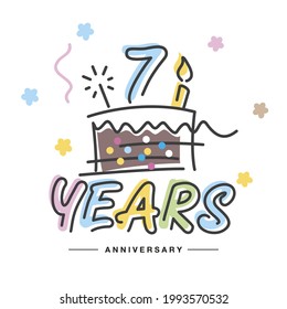 7 Years Anniversary handwritten typography lettering Greeting card with colorful big cake, sparkle firework, number, candle and confetti