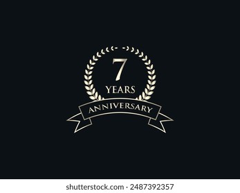 7 Years Anniversary Logo. Celebrating Success. Symbol of Eternal Achievement. Proud Heritage. Logo with Laurel Wreath and Ribbon. Years of Glorious Memories. Jubilee of Joy. Golden Celebratory Crest.