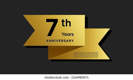 7 years anniversary logo with golden ribbon for booklet, leaflet, magazine, brochure poster, banner, web, invitation or greeting card. Vector illustrations.