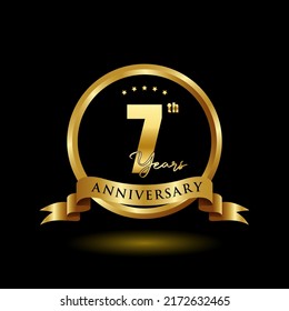 7 years anniversary logo with golden ring and ribbon for booklet, leaflet, magazine, brochure poster, banner, web, invitation or greeting card. Vector illustrations.