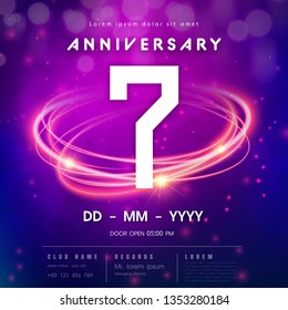 7 years anniversary logo template on purple Abstract futuristic space background. 7th modern technology design celebrating numbers with Hi-tech network digital technology concept design elements.