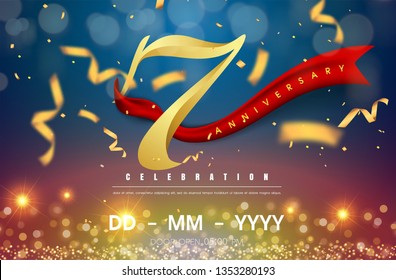 7 years anniversary logo template on gold and blue background. 7th celebrating golden numbers with red ribbon vector and confetti isolated design elements