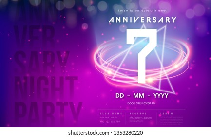 7 years anniversary logo template on purple Abstract futuristic space background. 7th modern technology design celebrating numbers with Hi-tech network digital technology concept design elements.