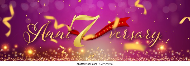 7 years anniversary logo template on gold and purple background. 7th celebrating golden numbers with red ribbon vector and confetti isolated design elements