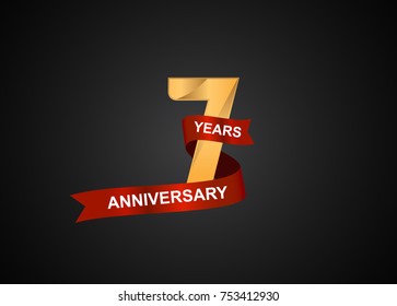 7 years anniversary logotype with elegance gold color and warp red ribbon