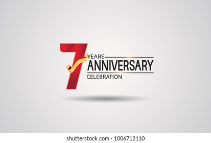 7 years anniversary logotype with red color and golden ribbon isolated on white background for celebration event