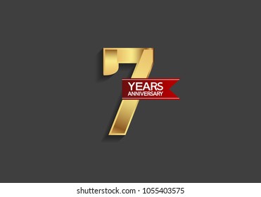 7 years anniversary simple design with golden color and red ribbon isolated on black background for celebration event