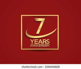 7 years anniversary with square and swoosh golden color isolated on red background for celebration