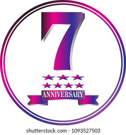 7 years anniversary and 7 star vector banner template. two year with pink & purple ribbon on white background