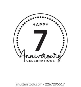 7 años de aniversario. Concepto de diseño de plantillas de aniversario, monocromo, diseño para eventos, tarjeta de invitación, tarjeta de saludo, banner, afiche, volante, portada de libros e impresión. Vector Eps10