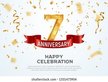 7 years anniversary vector banner template. Seven year jubilee with red ribbon and confetti on white background