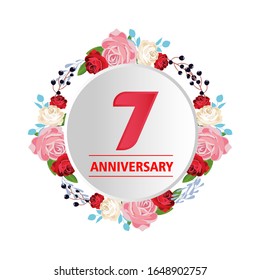 7 Years anniversary. Vector design greeting card with decorative floral circle for celebration