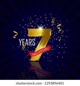 7 years anniversary Vector Template Design with golden color and silver ribbon isolated on blue sunburst background illustration for celebration event - Vector