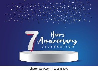 7 Years Anniversary Vector Template Design Illustration. Blue 3d Numbers with podium stage for celebration