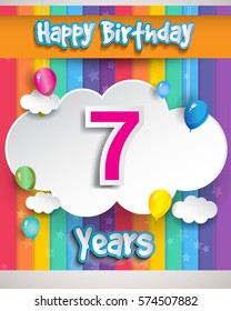 7 Years Birthday Celebration, with balloons and clouds, Colorful Vector design for invitation card and birthday party.