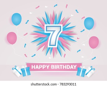 7 Years Colorful Happy Birthday Card Logotype using Paper Cut Style.