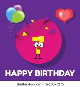 7 years - cute birthday card. funny charakter number.birthday balloons