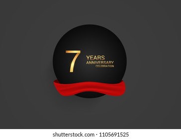 7 years gold anniversary design inside  black circle and red ribbon for celebration event