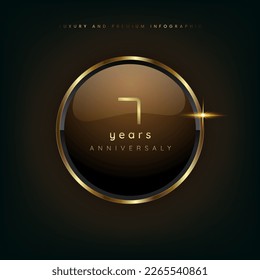 7 Jahre goldener Knopf glänzend metallisch, gefeierte Premium-Buttons und luxuriöser Banner auf dunklem Hintergrund als luxuriöse Vektorgrafik