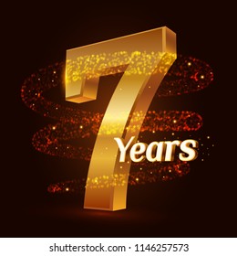 7 years golden anniversary 3d logo celebration with Gold glittering spiral star dust trail sparkling particles. Seven years anniversary modern design elements. Vector Illustration.