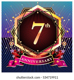 7 years golden anniversary logo celebration with ring and ribbon.