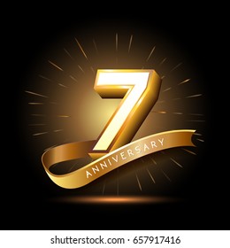 7 years golden anniversary logo celebration with firework and ribbon