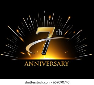 7 years golden anniversary logo celebration with firework and swoosh on dark background