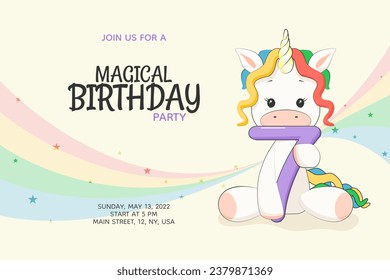 7 years old Magical kids birthday party invitation with cute rainbow unicorn