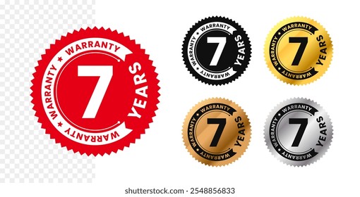 7 years warranty in circle. Seven years warranty with circular text. Red, black, gold, silver, bronze premium color. For sticker, label, badge, icon, sign, emblem, stamp, logo, seal, symbol. Vector