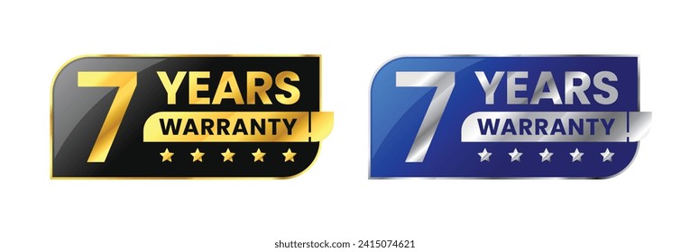 7 Years warranty label, badge, icon, logo. Parallelogram rhombus shape with gold and silver color. Vector Illustration