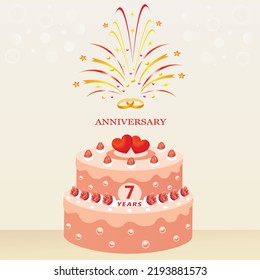 7 years wedding anniversary. Cake with hearts and rings, decorated with strawberries and roses on the background of fireworks. Vector illustration