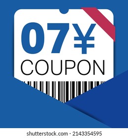 7 Yen Coupon promotion sale for a website, internet ads, social media gift 7 Yuan off discount voucher. Big sale and super sale coupon discount. Price Tag Mega Coupon discount vector illustration.