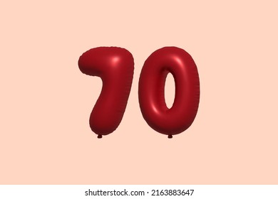 70 globo 3d número hecho de renderización 3d de globo metálico realista. Globos 3D de helio rojo para la venta decoración Fiesta Cumpleaños, Celebración de Aniversario, Fiesta de la Boda. Ilustración del vector