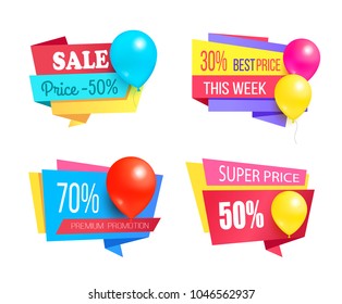 70 50 30 % premium promotion sale promo labels with glossy balloon realistic vector illustration sale coupons with helium balloons isolated on white set