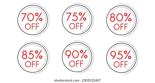 70, 75, 80, 85, 90, 95% de descuento. Banner de venta para comercio electrónico o medios sociales. Fondo blanco con letras rojas. Louis George Cafe Fountain