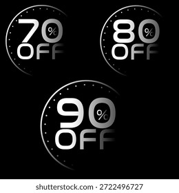 70%, 80%, 90% OFF Discount Label Geschwindigkeitsmesser Farbverlauf weiß auf schwarzem Hintergrund