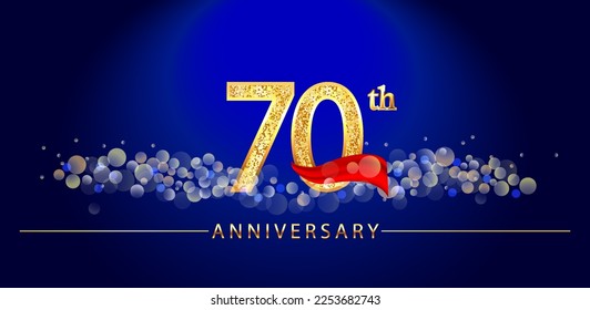 70 anniversary celebration. 70th anniversary celebration. 70 year anniversary celebration logo with glitter, confetti, red ribbon and blue background.