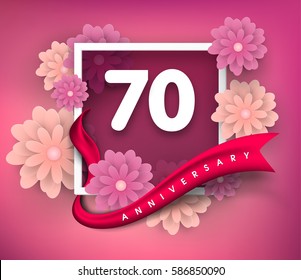 70 anniversary invitation card. Vector invitation card or 
Anniversary emblems template design. Design with abstract 
background and elegant frame with ribbon decorated and 3d flowers.