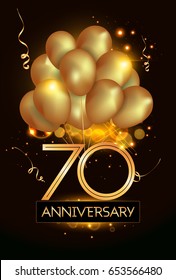 70 Anniversary Logo Celebration with Golden balloon and confetti, Isolated on dark Background