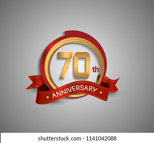 70 anniversary logotype elegant circle golden and red color red ribbon isolated on white background for use company celebration event