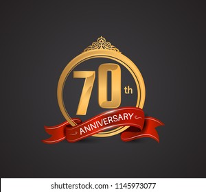 70 anniversary logotype style design luxury  golden color and ornament with warp red ribbon for company celebration event