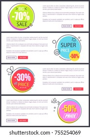 -70% big sale and super price, collection of web pages with circular labels and headline inside of them, text sample, buttons on vector illustration