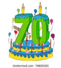 70 Birthday Cake With Number Seventy Candle, Celebrating Seventieth Year of Life, Colorful Balloons and Chocolate Frosting