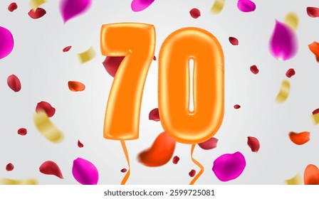 70 birthday Happy birthday, congratulations poster. Balloons numbers with sparkling confetti ribbon, glitter bright